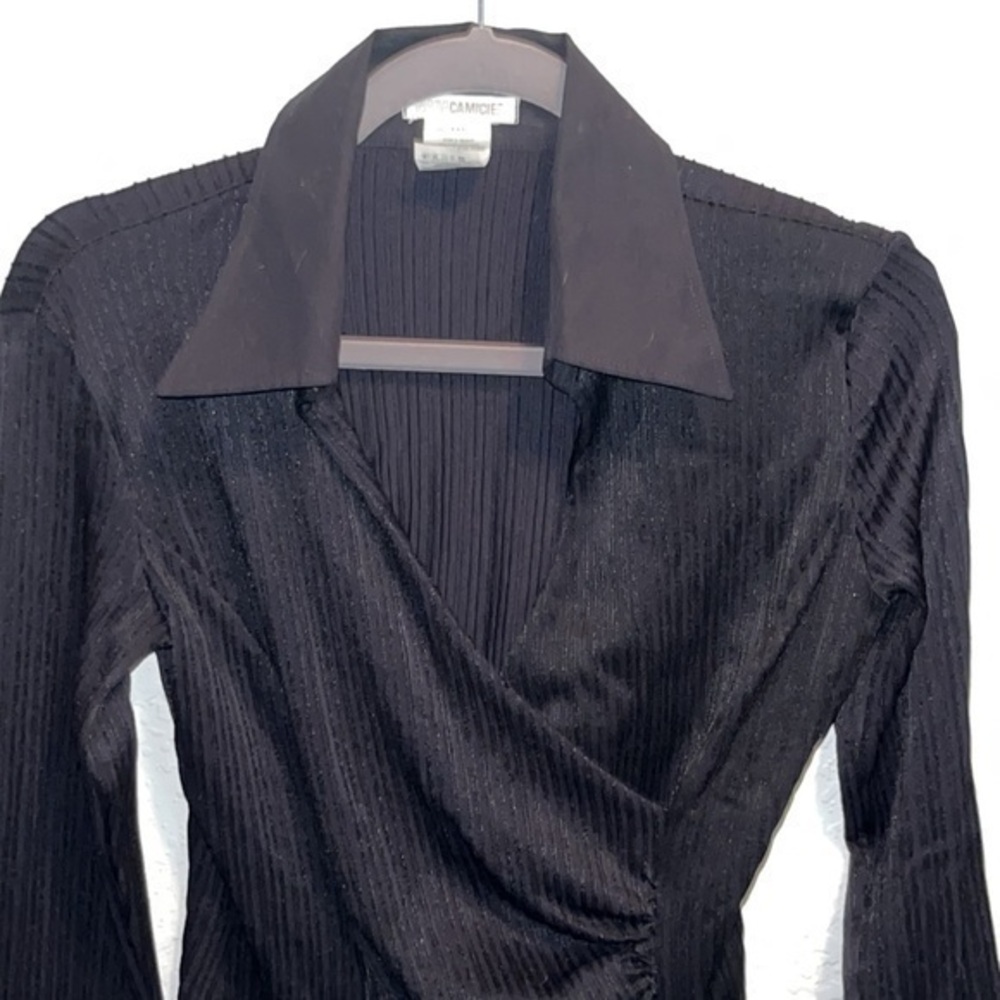 Nara Camicie black ribbed long sleeve deep v-neckline tuxedo top size S